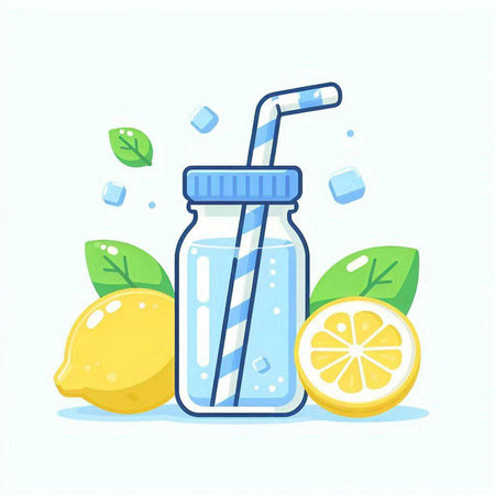 Lemonade in a glass bottle with a straw and ice cubes. Vector illustration.のイラスト素材