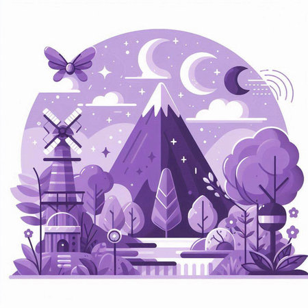 Landscape with mountains, trees and windmill. Vector illustration.のイラスト素材