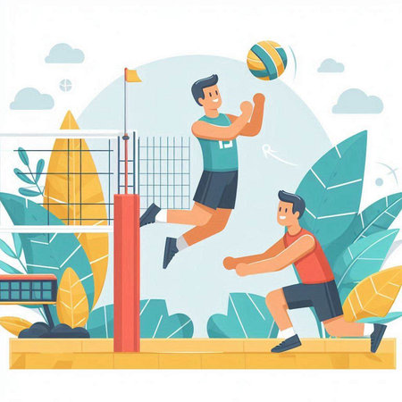 Volleyball player vector illustration. Cartoon flat character of man and woman playing volleyball on the courtのイラスト素材