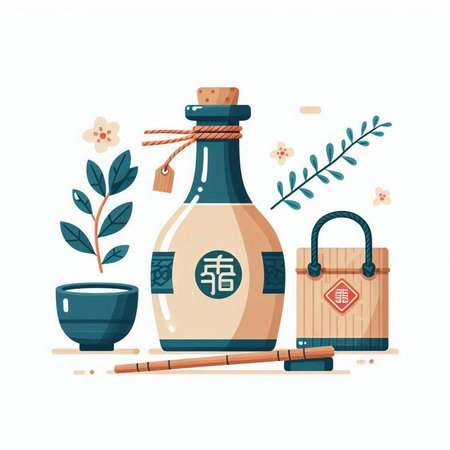Japanese sake bottle and japanese tea set. Vector illustration.のイラスト素材