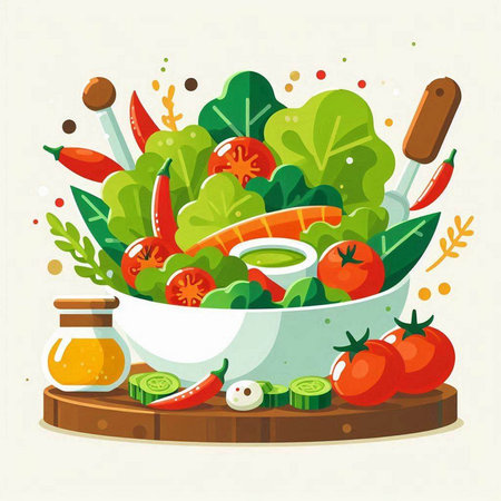 Healthy food vector illustration. Fresh vegetable salad with tomato, cucumber, onion, lettuce and egg.のイラスト素材