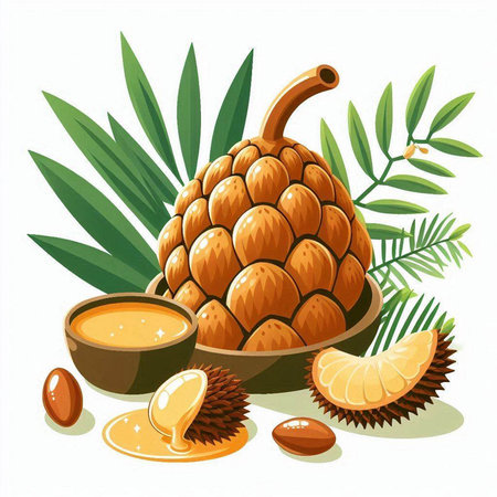 Illustration of a tropical fruit in a bowl with honey and nutsのイラスト素材