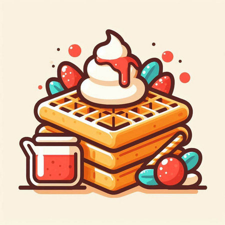 Belgian waffles with cream and strawberry jam. Vector illustration.のイラスト素材