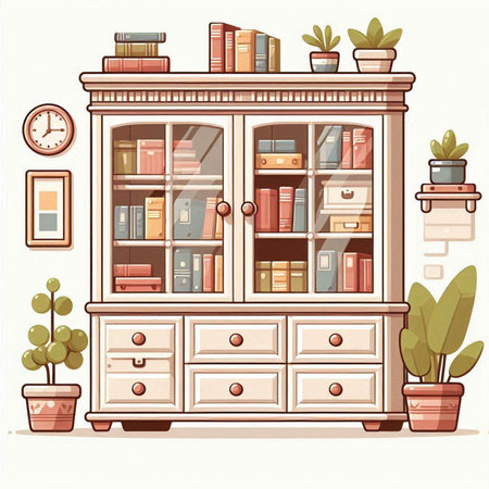 Cabinet with books and potted plants. Vector illustration.のイラスト素材