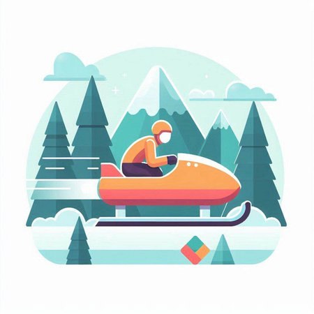 Winter landscape with snowboarder on sled. Flat vector illustration.のイラスト素材