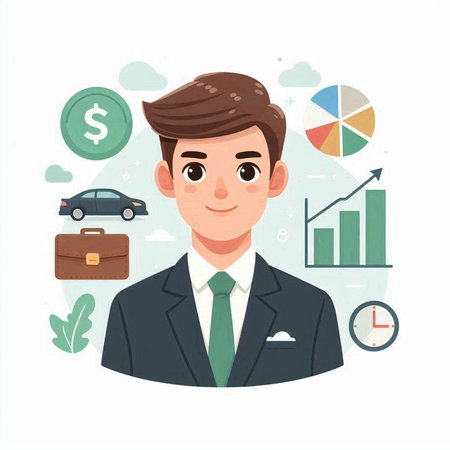 Businessman with a briefcase and a car. Vector illustration.のイラスト素材