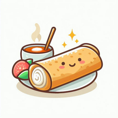 Cute pancake with jam and hot tea. Vector illustration.のイラスト素材