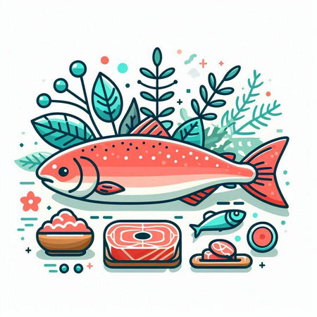 Vector illustration of fresh salmon with vegetables and seafood in flat style.のイラスト素材