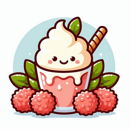 Cute ice cream in a glass with raspberries. Vector illustration.のイラスト素材