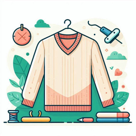 Woolen sweater on a hanger. Knitting clothes. Vector illustrationのイラスト素材