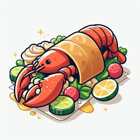 Lobster salad vector illustration. Cute cartoon lobster with vegetables.のイラスト素材