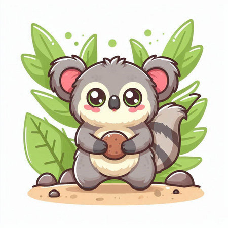 Cute koala sitting on the ground with leaves. Vector illustration.のイラスト素材