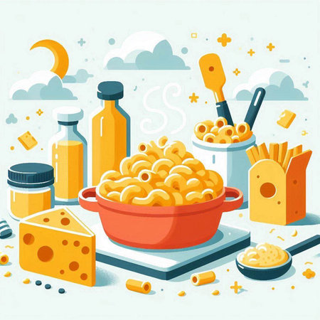 Vector illustration of macaroni in flat style with ingredients for cooking.のイラスト素材