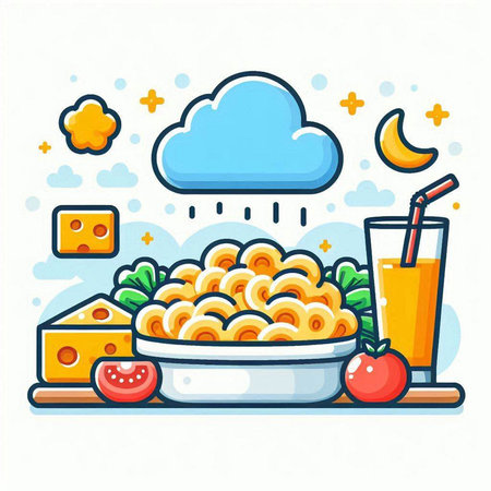 Illustration of macaroni with cheese, tomato and juice.のイラスト素材