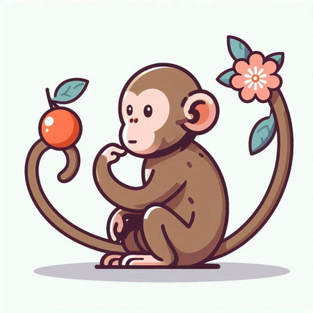 Cute monkey sitting on a branch with apple. Vector illustration.のイラスト素材