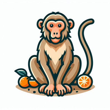 Monkey sitting on the floor with oranges in the background. Vector illustration.のイラスト素材