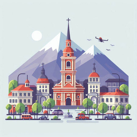 Church on the background of mountains. Vector illustration in flat style.のイラスト素材