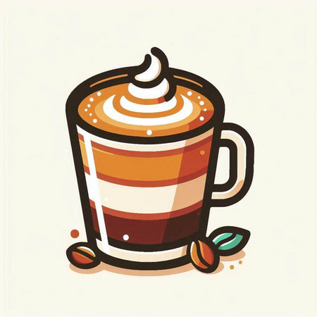 Coffee cup with whipped cream and coffee beans. Vector illustration.のイラスト素材