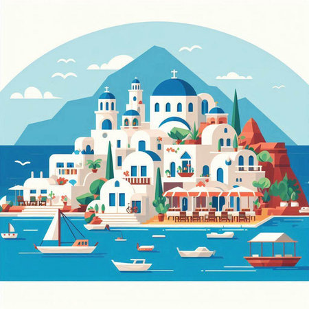 Santorini island in Greece. Vector illustration in flat styleのイラスト素材