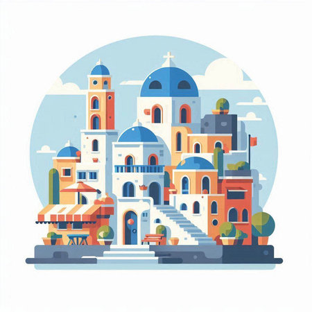 Cityscape of Santorini, Greece. Vector illustration in flat styleのイラスト素材