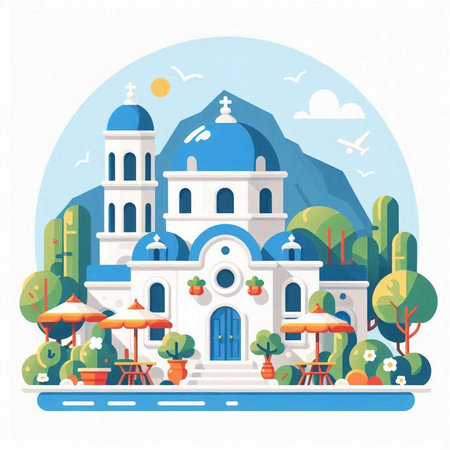 Flat design style vector illustration of a beautiful church in the city.のイラスト素材