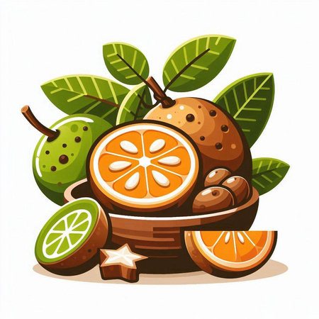 Fruits of mandarin, orange and kiwi. Vector illustration.のイラスト素材