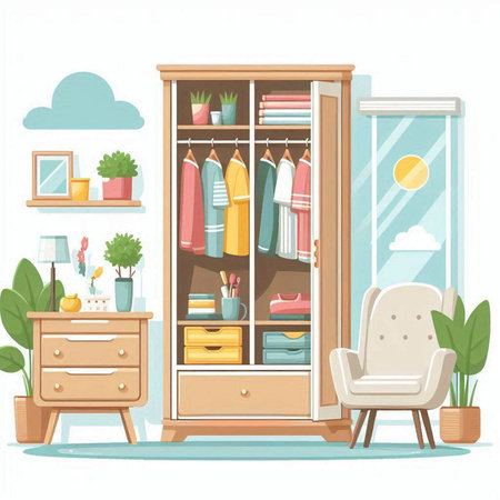 Wardrobe with furniture and accessories. Vector illustration in cartoon style.のイラスト素材