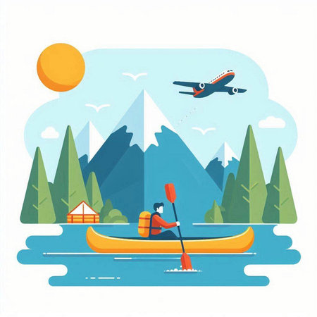 Flat design illustration of a man paddling a kayak in the mountainsのイラスト素材