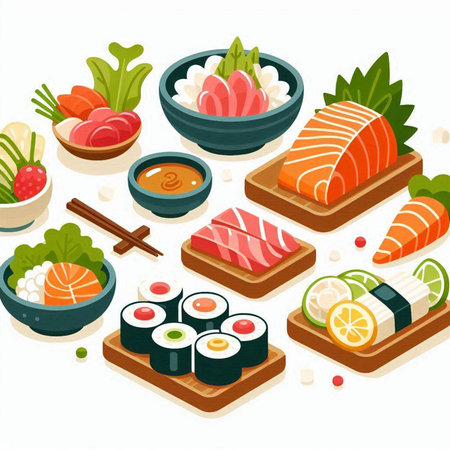 Japanese food vector icons set. Sushi and rolls. Sashimi, nigiri, nigiri, uramaki, sashimi, nigiri, eel, salmon, tuna, ginger, wasabi and soy sauce.のイラスト素材