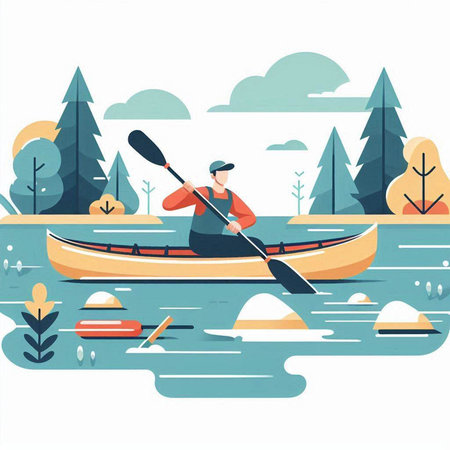 Kayaking on the river. Flat vector illustration. Canoeing.のイラスト素材