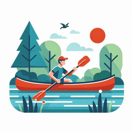 Man in a kayak on the river. Flat vector illustration.のイラスト素材