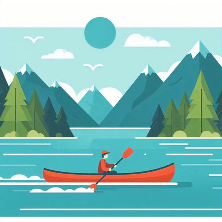 Kayaking on the lake. Vector illustration in flat cartoon style.のイラスト素材