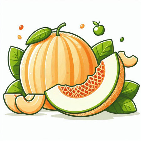 Melon fruit with green leaves isolated on white background. Vector illustration.のイラスト素材