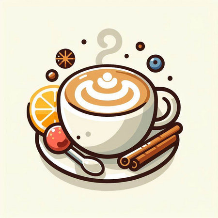 Coffee cup with cinnamon, orange and star anise. Vector illustration.のイラスト素材