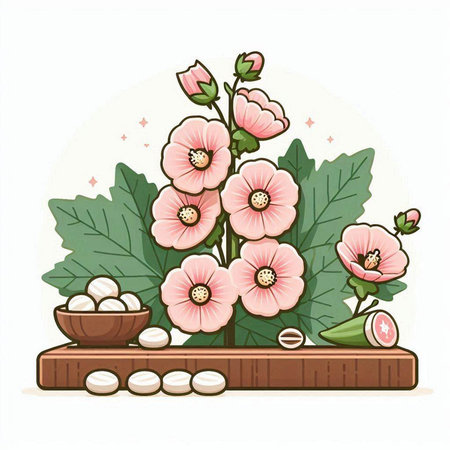 Hollyhock flowers and nuts on wooden board. Vector illustration.のイラスト素材