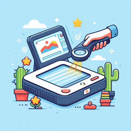 Vector illustration of a hand holding a digital tablet with a picture of a cactusのイラスト素材