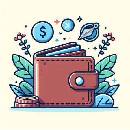 Wallet with money and coins. Vector illustration in line art style.のイラスト素材