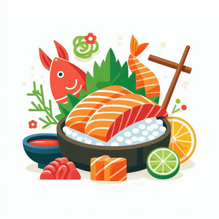 Illustration of sushi with salmon, shrimp, rice and vegetables.のイラスト素材