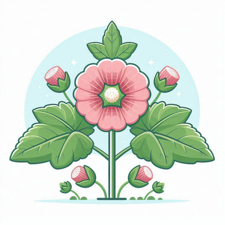 Illustration of a pink flower with green leaves on a white backgroundのイラスト素材