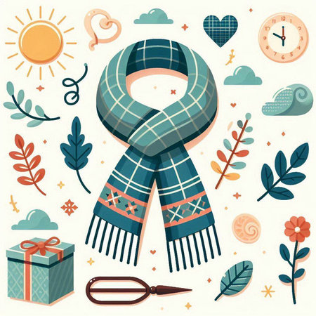 Vector set of winter elements: scarf, hat, gift box, clock, sun, clouds, plants, snowflakes.のイラスト素材