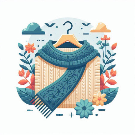 Vector illustration of winter clothing. Knitted sweater, scarf and hat.のイラスト素材