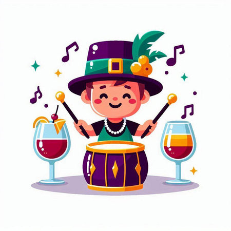 Cute little boy in leprechaun hat playing drum. Vector illustrationのイラスト素材