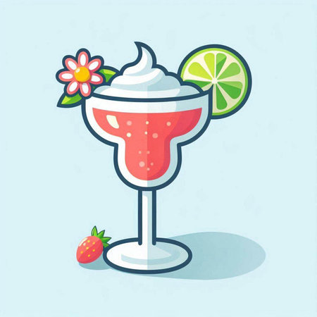Strawberry margarita with whipped cream and lime. Vector illustration.のイラスト素材