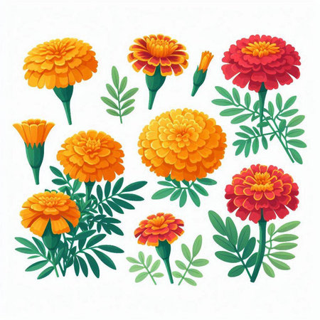 Marigold flowers and leaves isolated on white background. Vector illustration.のイラスト素材