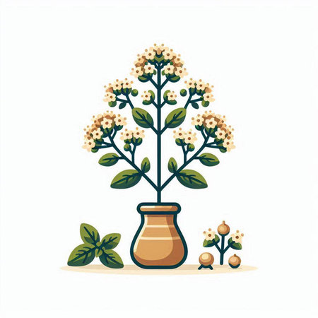 Ceramic vase with flowers and leaves. Vector illustration.のイラスト素材