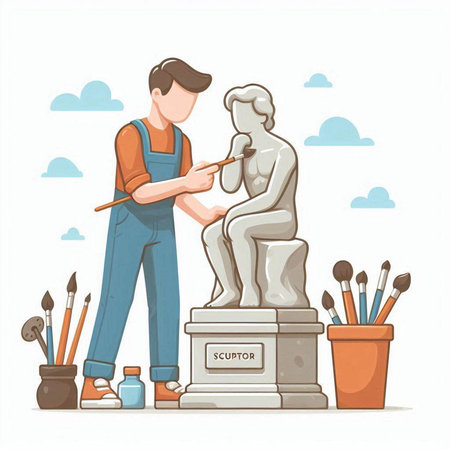 Painter working with stone statue. Vector illustration in cartoon style.のイラスト素材