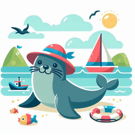 Cute seal in a hat on the seashore. Vector illustrationのイラスト素材