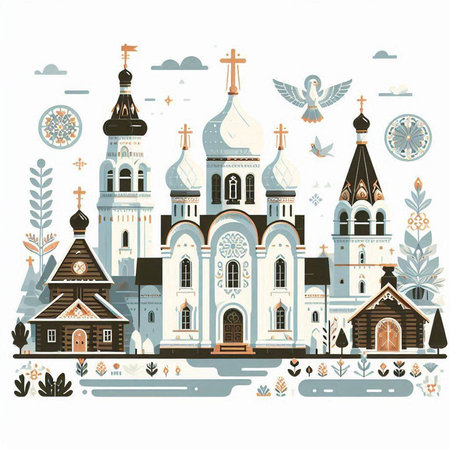 Orthodox church. Christian symbols. Colorful vector illustration in flat style.のイラスト素材