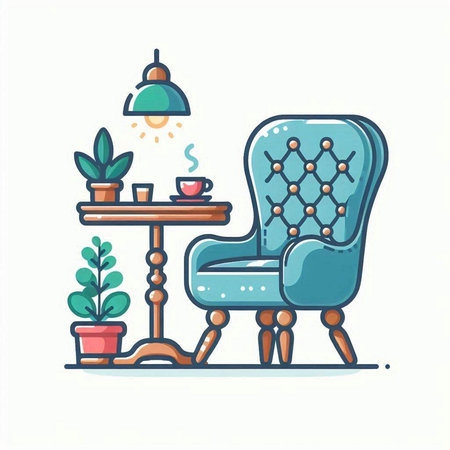 Vector illustration of a cozy armchair with a coffee table and a plant in a pot.のイラスト素材