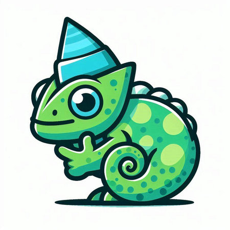 Cute cartoon chameleon with birthday hat. Vector illustration.のイラスト素材